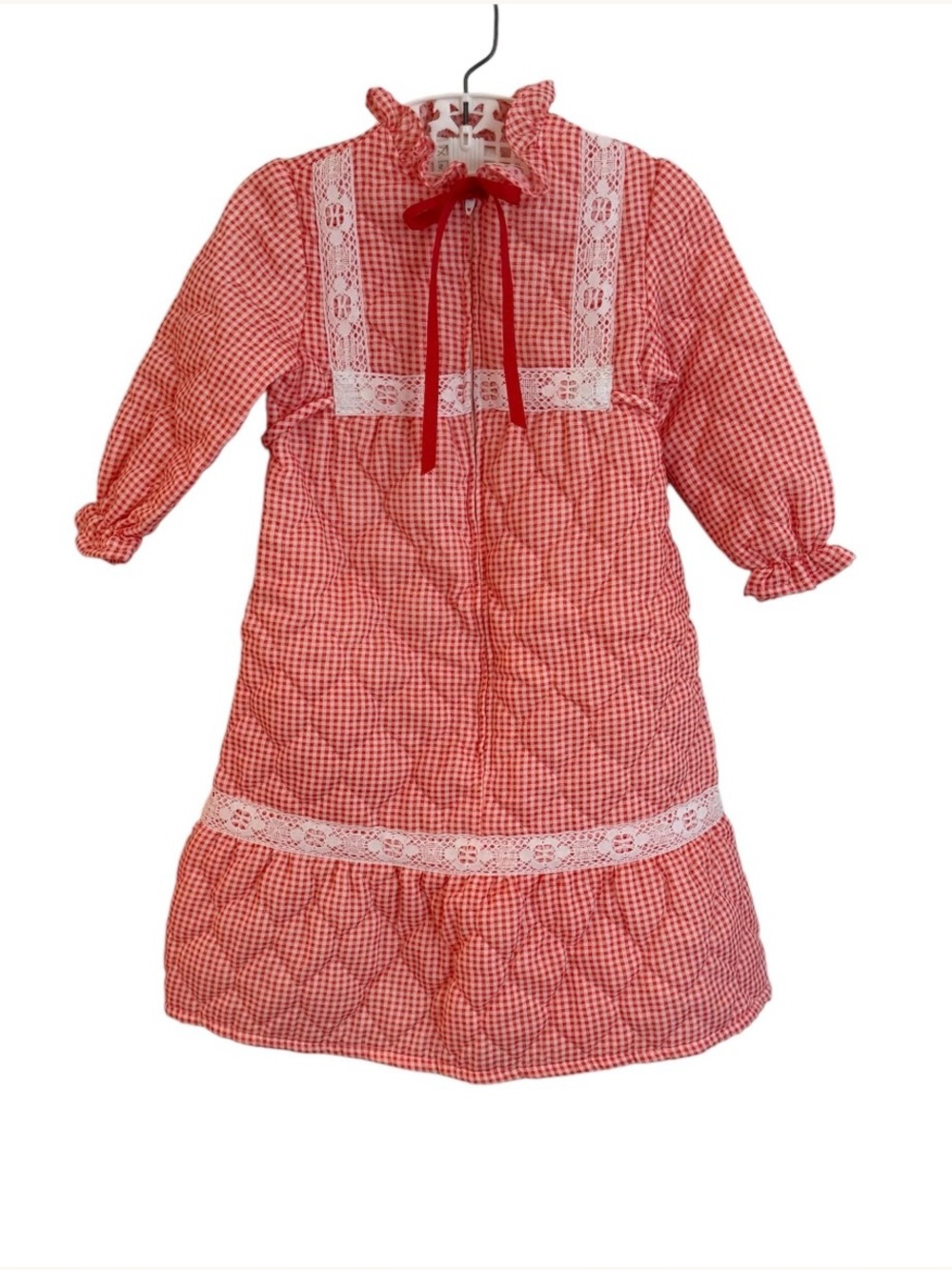 Vintage 2T Quilted Robe - Red & White Checkered, Lace Trim, USA Made